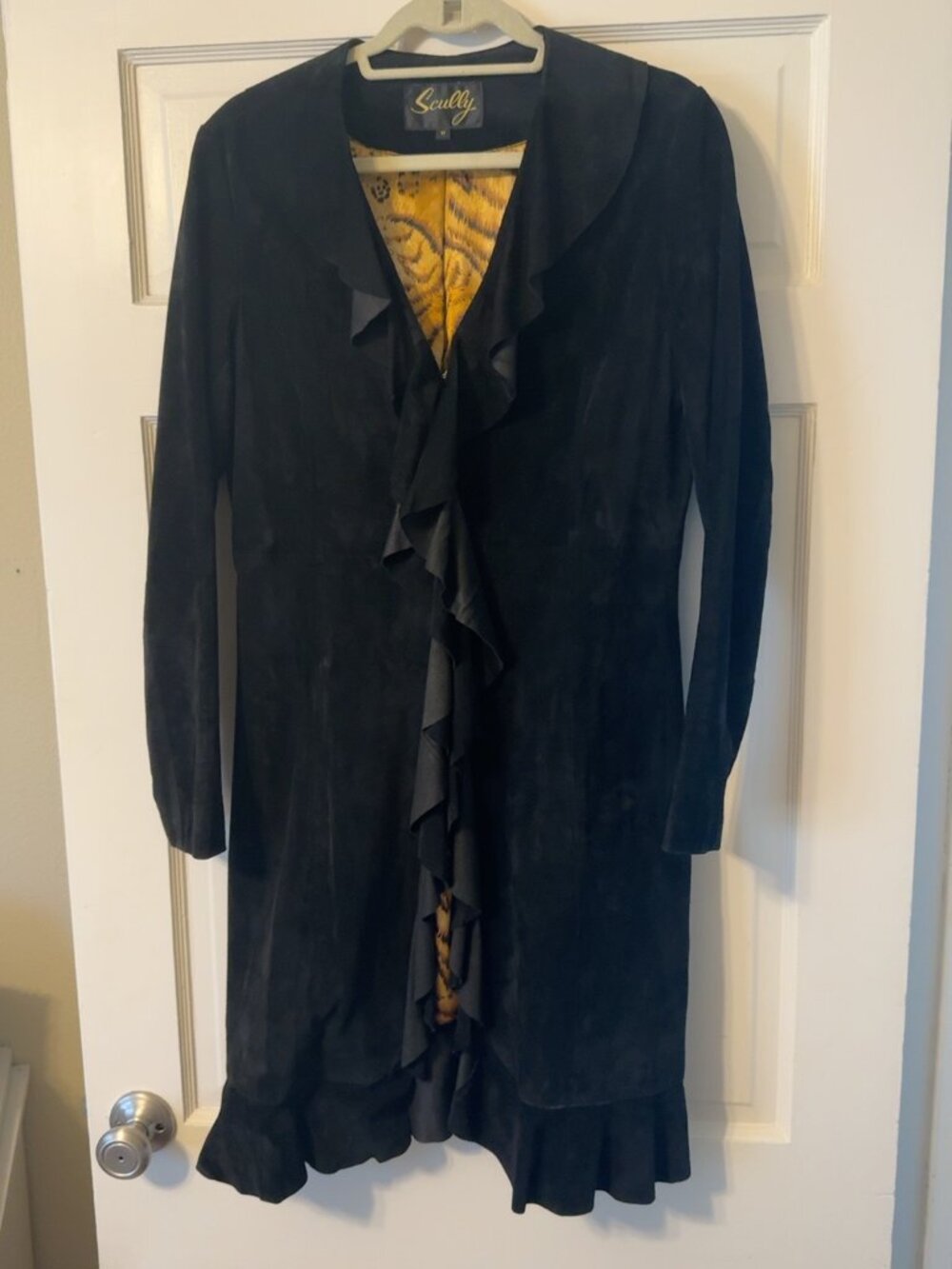 Scully Black Genuine Leather Ruffle Long Coat Duster Size Medium